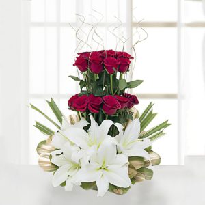 Stem Of Lilies And 20 Red Roses In Basket