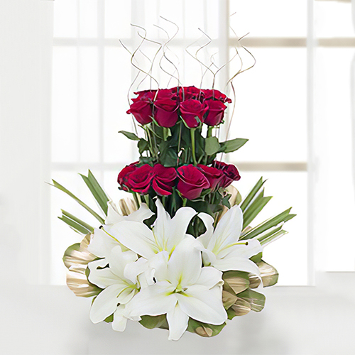 Stem Of Lilies And 20 Red Roses In Basket