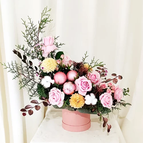 Pink Flowers in a Pink Round Box