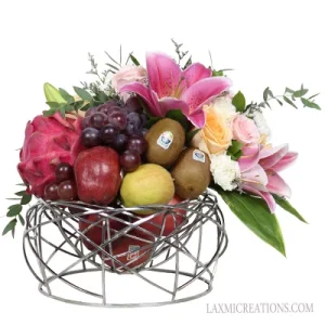 Pink Lilies And Colorful Roses In Fruits Basket