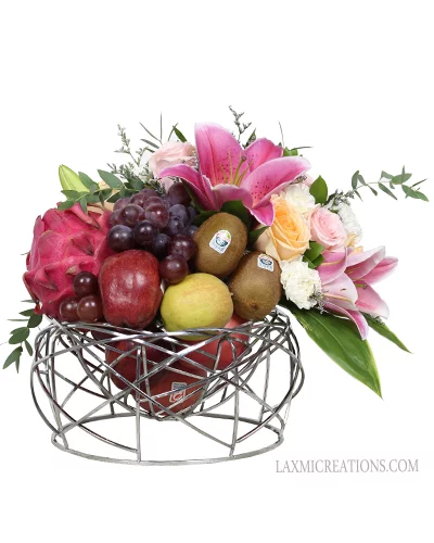 Pink Lilies and Colorful Roses in Fruits Basket