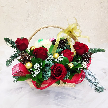 Vibrant Red Roses & Greens with Cake
