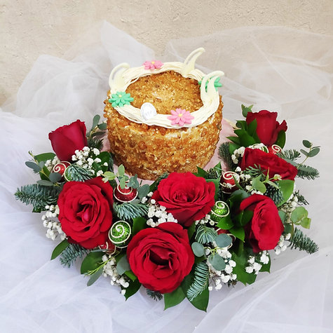 India – Red Roses & Greens with Cake